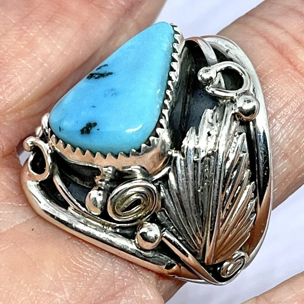 Navajo Turquoise Mens Ring Sz‎ 11 Leaf Feather Sterling Native American Saunders